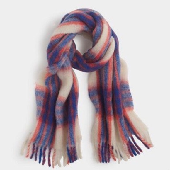 J Crew Italian Wool Fuzzy Red, White, Blue Plaid Scarf - Picture 2 of 4